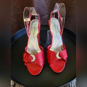 Karen Scott Red Satin Slingback Heels with Rhinestone Buckle